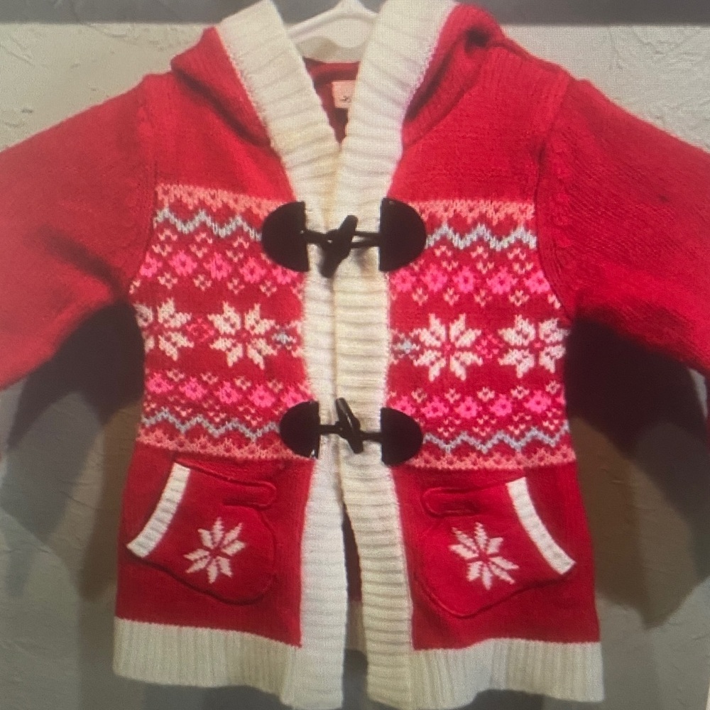 Red and White Hooded Cardigan with Snowflake Pattern